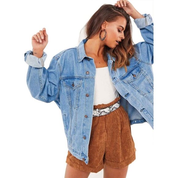 Jackets & Blazers - Womens Blue Oversized Vintage Denim Jacket Long Sleeve Boyfriend Casual Coat